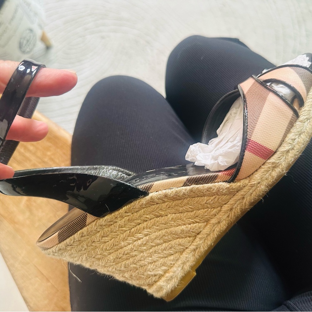 Burberry Black Patent & Beige Check Espadrille Wedge Sandals